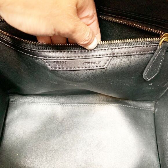 CELINE Tri-Color, Tan Calfskin Leather, Blue Suede, Black Trim Luggage Tote Bag - Picture 14 of 17